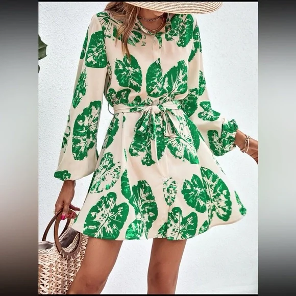 NWOT SHEIN Tropical Print Lantern Sleeve Belted Shirt Dress - Picture 6 of 11